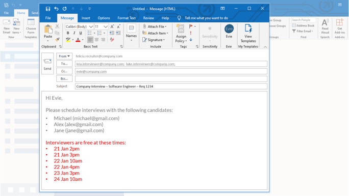 New email request with suggested time slots for interview scheduling